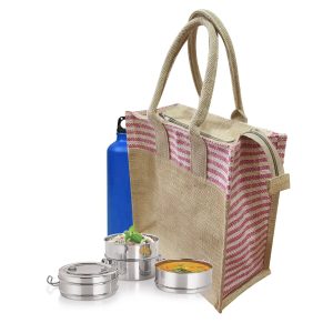 Jute Work Tote Tiffin Bags with Zip for Lunch (Medium Size, Print: Dine 3, Beige, Size: 11.5X5X12 Inch) (Copy)