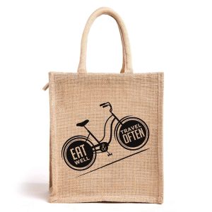 Jute Work Tote Tiffin Bags with Zip for Lunch (Jute Print Bag Size: 10X6X11 Inch)
