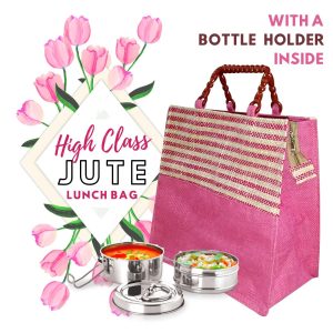 Jute Work Tote Tiffin Bags with Zip for Lunch (Jute Lunch Bag Pink, Size: 11X6X12 Inch)