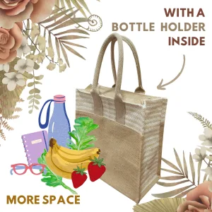 Jute Work Tote Tiffin Bags with Zip for Lunch (LG Jute Bag Beige, Size: 11.5X5X12 Inch)