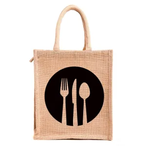 Jute Work Tote Tiffin Bags with Zip for Lunch (Medium Size, Print: Dine 3, Beige, Size: 10X6X11 Inch).