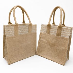 Grihvastu Jute Work Tote Lunch Bag with Zip - Beige Large Tiffin Carry Bag for Office, 11.5x5x12 Inches (Pack of 2)