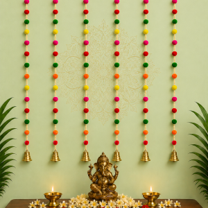 Grihvastu Handcrafted Multicolor Pom-Pom Hanging Garlands with Bells (4 Feet) (Pack of 6)