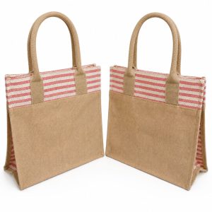 Grihvastu Dine 3 Printed Jute Lunch Tote Bag with Zip - Beige Medium Tiffin Carry Bag for Office, 11.5x12 Inches (Pack of 2)