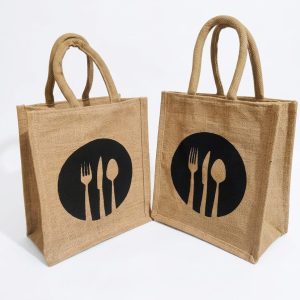 Grihvastu Dine 3 Spoon Printed Jute Lunch Tote Bag with Zip - Beige Medium Tiffin Carry Bag for Office, 10x11 Inches (Pack of 2)